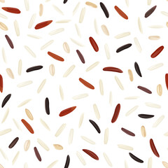 Wall Mural - Rice seeds background. Seamless pattern with different types of rice. Vector cartoon illustration of wild dark rice, red, brown and long white rice.