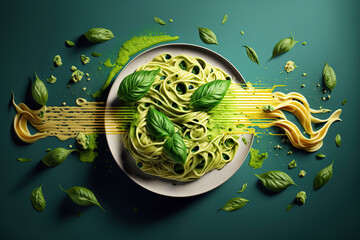 splash abd levitation of delicious green pasta dish with pesto sauce and fresh herbs, served on a wh