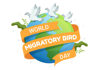 Wall Mural - World Migratory Bird Day on May 8 Illustration with Birds Migrations Groups in Flat Cartoon Hand Drawn for Landing Page Templates