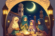 four Muslim hijab girls family joyful gathering dinner in front of Moroccan Islamic village houses, mosque at the crescent moon starry nights surround with oil lamp sparkling, generative ai