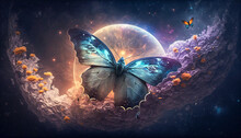 A Butterfly Standing On A Planet Surrounded By Flowers. Peace, Tranquility, Serenity And Nature Recovering Concept. Created With Generative AI Technology.