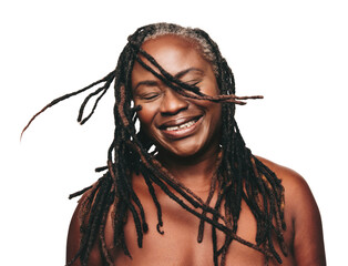 Smiling black woman with dreadlocks isolated against a transparent background