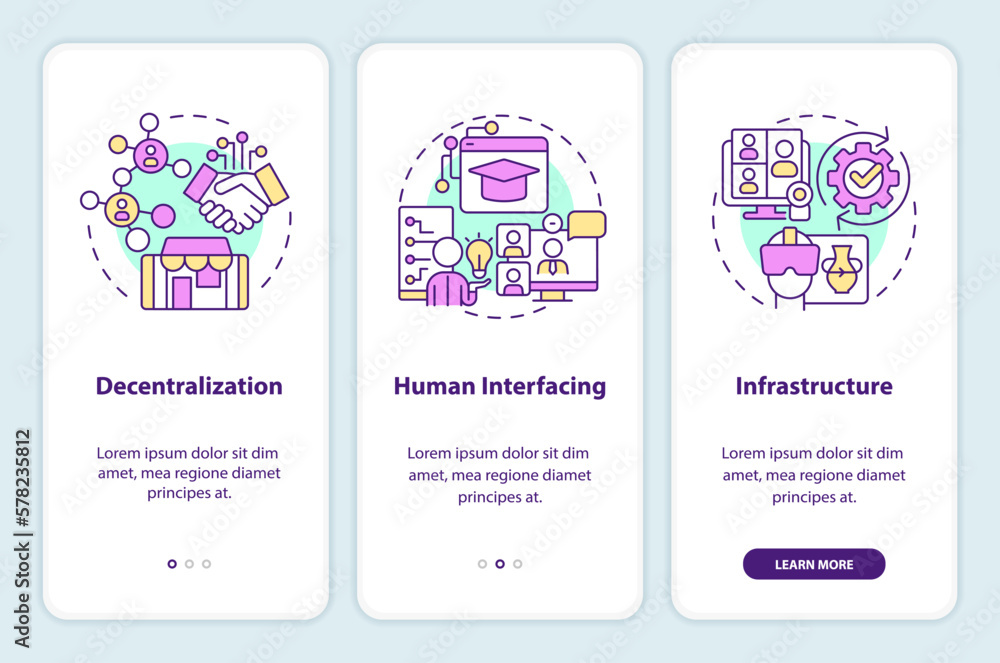 Vector de Stock Layers of metaverse onboarding mobile app screen ...