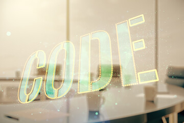 Wall Mural - code word hologram on a modern meeting room background, artificial intelligence and neural networks 