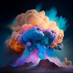 Abstract colorful landscape of a huge exploding volcano, eruption of vivid colors, smoke and lava. Illustration, Generative AI.
