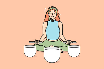 Wall Mural - Calm woman sit in lotus pose meditate with singing bowls. Relaxed female engaged in meditation with Himalayan bowls. Stress relief concept. Vector illustration. 