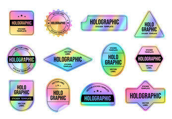 holographic foil sticker. holo emblem tags templates with iridescent color gradient, retro 90s vapor