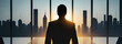 © Iryna - Silhouette of a businessman looking at the city skyline. Generative ai.