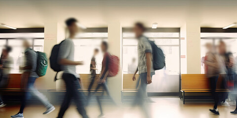 Blurred group of students going to class. Generative ai.