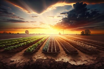 Canvas Print - empty field with vegetable gardens against backdrop of sunset sky, created with generative ai