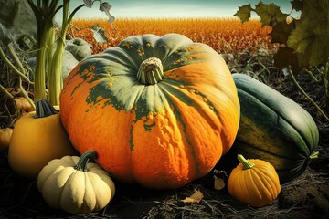 Canvas Print - healthy harvest of pumpkins and squash in vegetable gardens field, created with generative ai