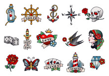 Old School Tattoos. American Or Western Traditional Tattoo Designs, Sailor Tattooing Style Vector Illustration Set
