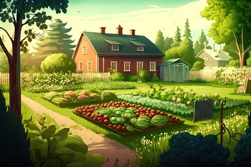 Canvas Print - beautiful bright summer day and garden with greenery of field with vegetable gardens, created with generative ai