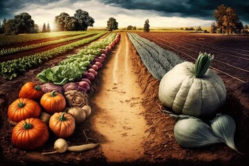 Canvas Print - farm vegetable gardens and harvest of healthy fresh vegetables on field, created with generative ai