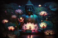 Glowing Lotus Flowers And Gold Buddha Statue, Generative AI
