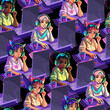 Abstract seamless pattern of diverse girls gamers or streamers sits in front of a computers