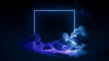 Blue And Purple Neon Light With Cloud Formation. Square Shaped Fluorescent Frame In Dark Environment.