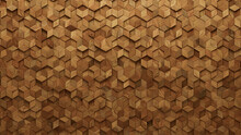 Timber Tiles Arranged To Create A 3D Wall. Natural, Wood Background Formed From Diamond Shaped Blocks. 3D Render