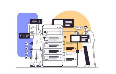 Wall Mural - web developers couple creating program code on smartphone screen development of software and program