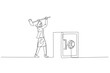 Drawing of businesswoman try to break safety deposit box with hammer. Concept of crime. One continuous line art style