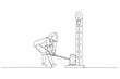 Illustration of businesswoman hitting strength measurement tool. Concept of power estimation. Single continuous line art style