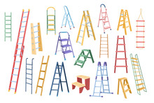 Cartoon Ladder. Different Types Of Stepladders, Tall Ladders For Scaling New Height Isolated Vector Illustration Set