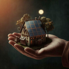 Poster - Hand picking up a model of a house with solar panels. Generative AI.