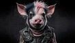 Punk animals. Pig with punk aesthetic. Pig dressed as punk. Pig with punk accessories. Generated by AI.

