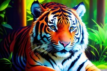 Digital Painting Of Beautiful Tiger Relaxing On Warm Day, Colorful Magic Tiger, Cartoon Style Drawing, Generative Ai Art Illustration