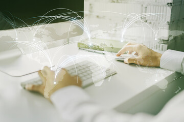 Double exposure of abstract digital world map with connections and hands typing on laptop on background, research and strategy concept