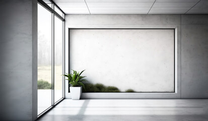 Wall Mural - Minimal Nordic style entrance space with modern concrete wall interior and big empty blank mockup frame on the wall - Generative AI