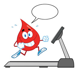 Wall Mural - Healthy Blood Drop Cartoon Character Running On A Treadmill With Speech Bubble. Hand Drawn Illustration Isolated On Transparent Background