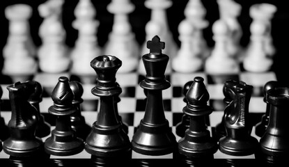 Close up of Chess pieces on a reflective mirror board surface wi