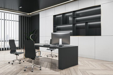 Contemporary office interior with dark bookshelf, wooden flooring and furniture. 3D Rendering.