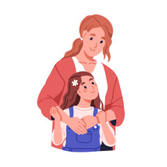 Mother and daughter hugging. Happy mom and little girl, kid embracing together. Support, love, care in supportive family relationship concept. Flat vector illustration isolated on white background