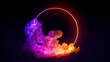 © RocknRoller Studios - Cloud Formation Illuminated with Pink and Yellow Fluorescent Light. Dark Environment with Circle shaped Neon Frame.