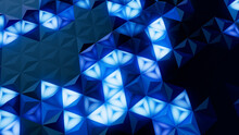 Illuminated, Blue Geometric Surface With Tetrahedrons. Futuristic, Neon 3d Wallpaper.