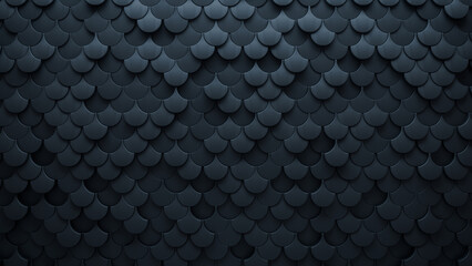 Fish Scale, 3D Mosaic Tiles arranged in the shape of a wall. Semigloss, Black, Blocks stacked to create a Futuristic block background. 3D Render