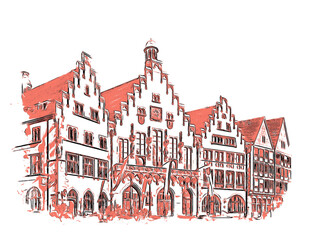 Facades of medieval houses in the old town of Frankfurt am Main, Germany. Romer Town Square, one of the most important landmarks of the city, color illustration.