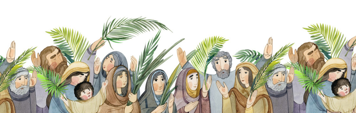 hand drawn palm sunday seamless border, people with palm branches rejoicing and glorifying god. for 
