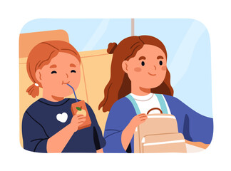 Happy kids in bus on way to elementary school. Cute girls sitting in public transport. Little children, primary schoolgirls travel, looking out of window during excursion. Flat vector illustration