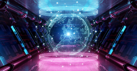 Aufkleber - Blue and pink spaceship interior with glowing  world map. Futuristic corridor in space station with projected Planet Earth background 3d rendering