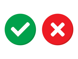 green tick and red cross checkmarks in circle flat icons. yes or no line symbol, approved or rejecte