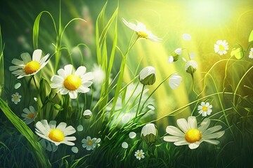 Poster - sunny flower meadow in spring with white yellow flowers and green grass, created with generative ai