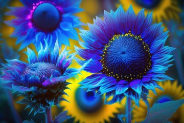 Poster - beautiful bright flowers of blue purple color in sunflower flower meadow in spring, created with generative ai