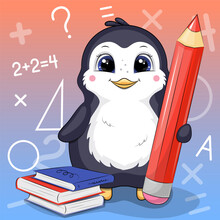 Cute Cartoon Penguin With A Big Red Pencil And Books. School Animal Vector Illustration On Colorful Background.
