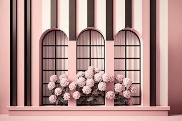 Poster - striped wall with long thin windows and petals of pink flowers on pastel pink background, created with generative ai