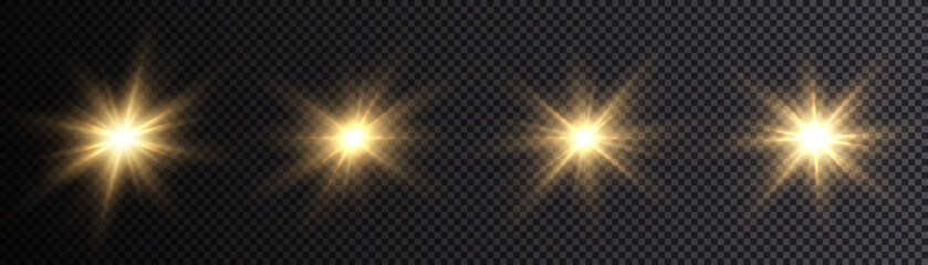 Leinwandbilder - Glow of gold stars of light on a transparent background. Blurred light vector collection. Flash, sun, flicker.	