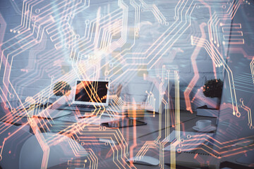Fototapete - Double exposure of tech theme drawings and office interior background. Technology concept.
