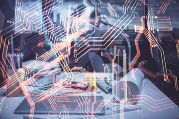 Fototapete - Double exposure of tech theme drawings and office interior background. Technology concept.